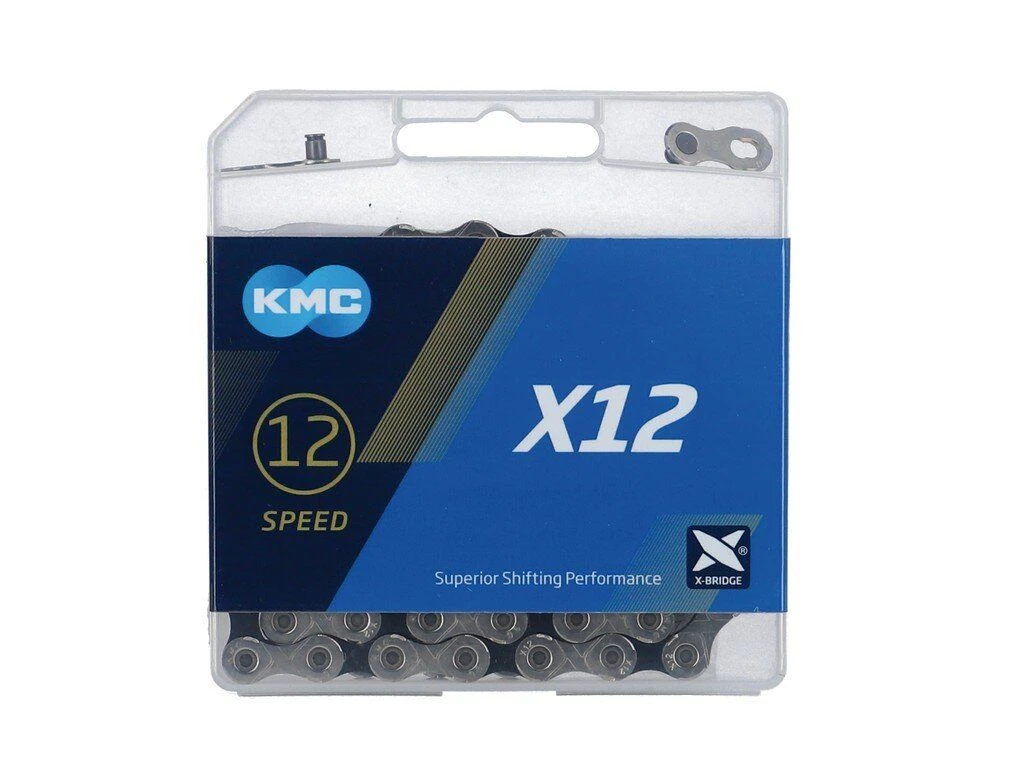 Schaltungskette KMC X12 Silber/schwarz 1/2" X 11/128", 126 Glieder, 12-fach 1 Schaltungskette KMC X12 Silber/schwarz 1/2" X 11/128", 126 Glieder, 12-fach